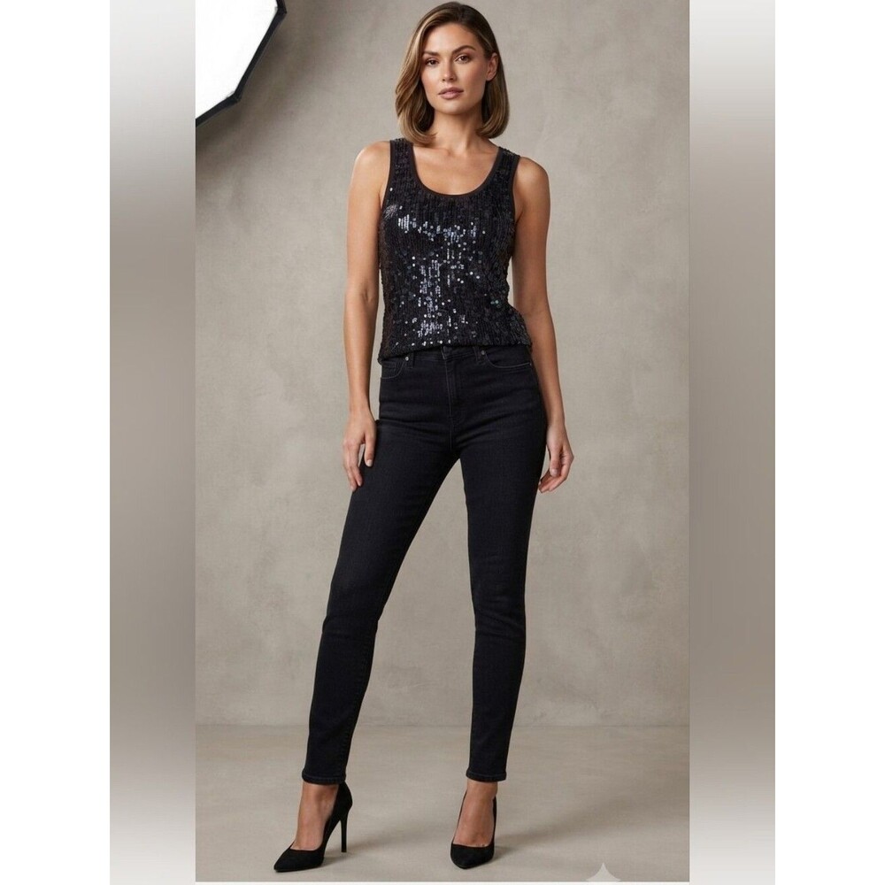 Questions by Say What? Women's Black 100% Cotton Sequined Tank Top Sz L